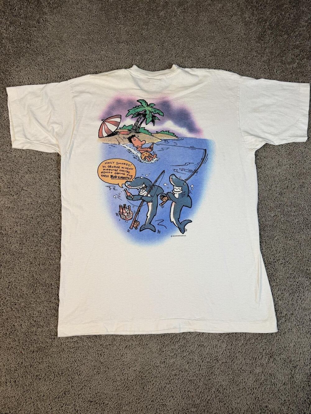 Vintage 90s Bud Light Shirt Mens XL White Shark Graphic Budweiser Single Stitch